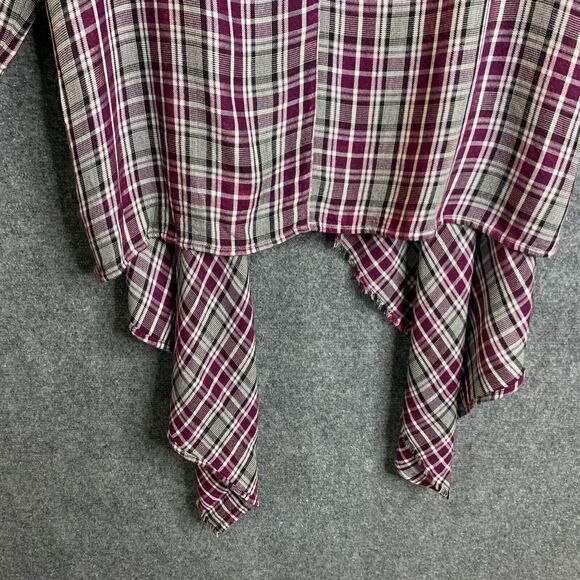 Knox Rose Open Cardigan Shirt Waterfall Front Maroon Plaid Sz L Rayon Tan Roll - Picture 11 of 14